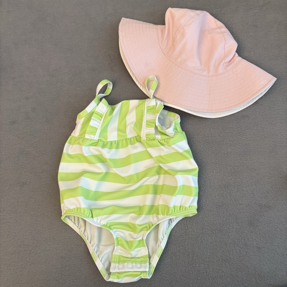 Carters Baby Girl Size 18 Months Swimsuit Green‎ Striped Bubble One Piece w Hat